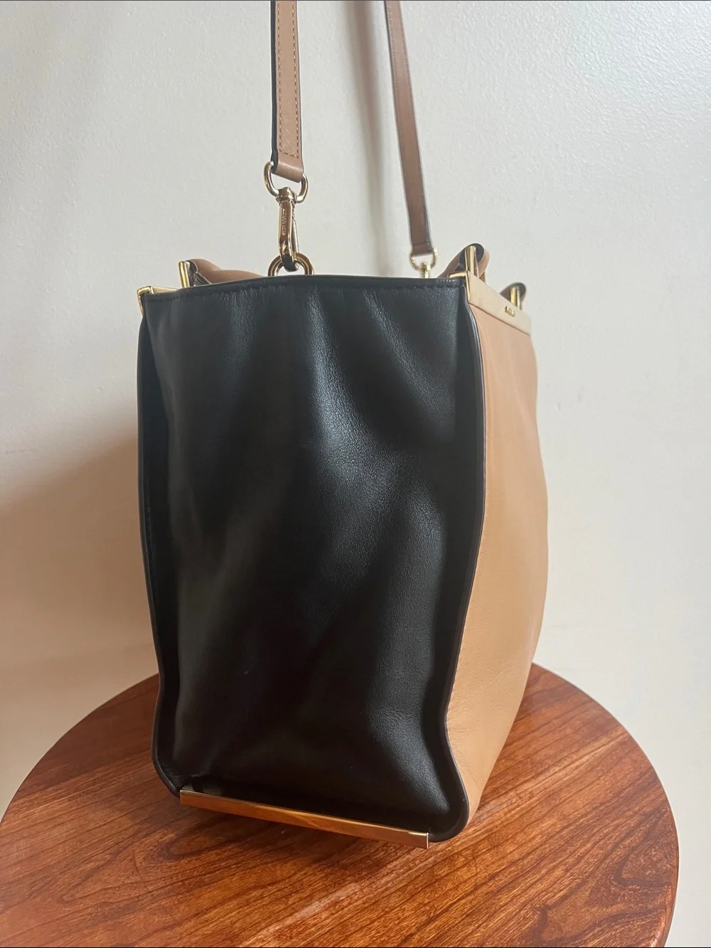 Michael Kors Two-Tone Tan & Black Leather Satchel with Gold Hardware